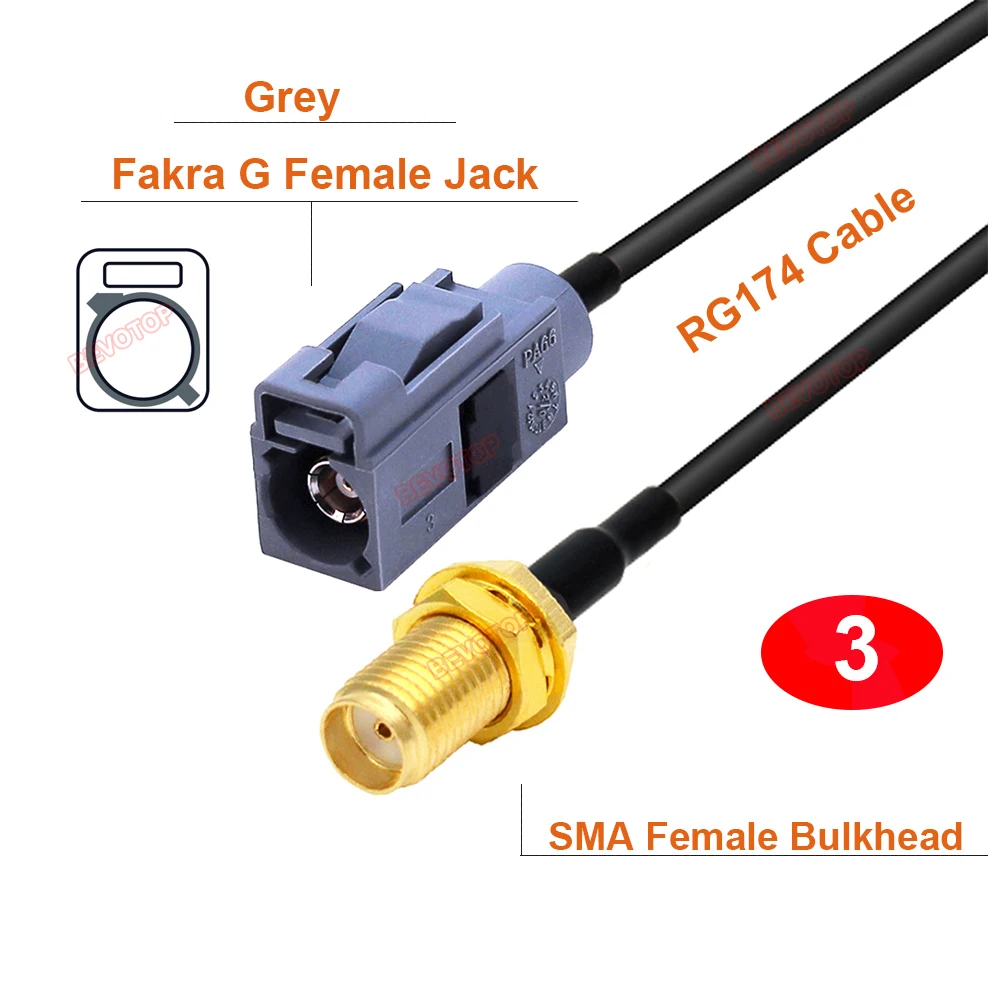 10PCS/LOT Wholesales Fakra G to SMA Male / Female RG174 Cable RF Coaxial Extension Pigtail Fakra Wire Harness BEVOTOP 10CM~20M