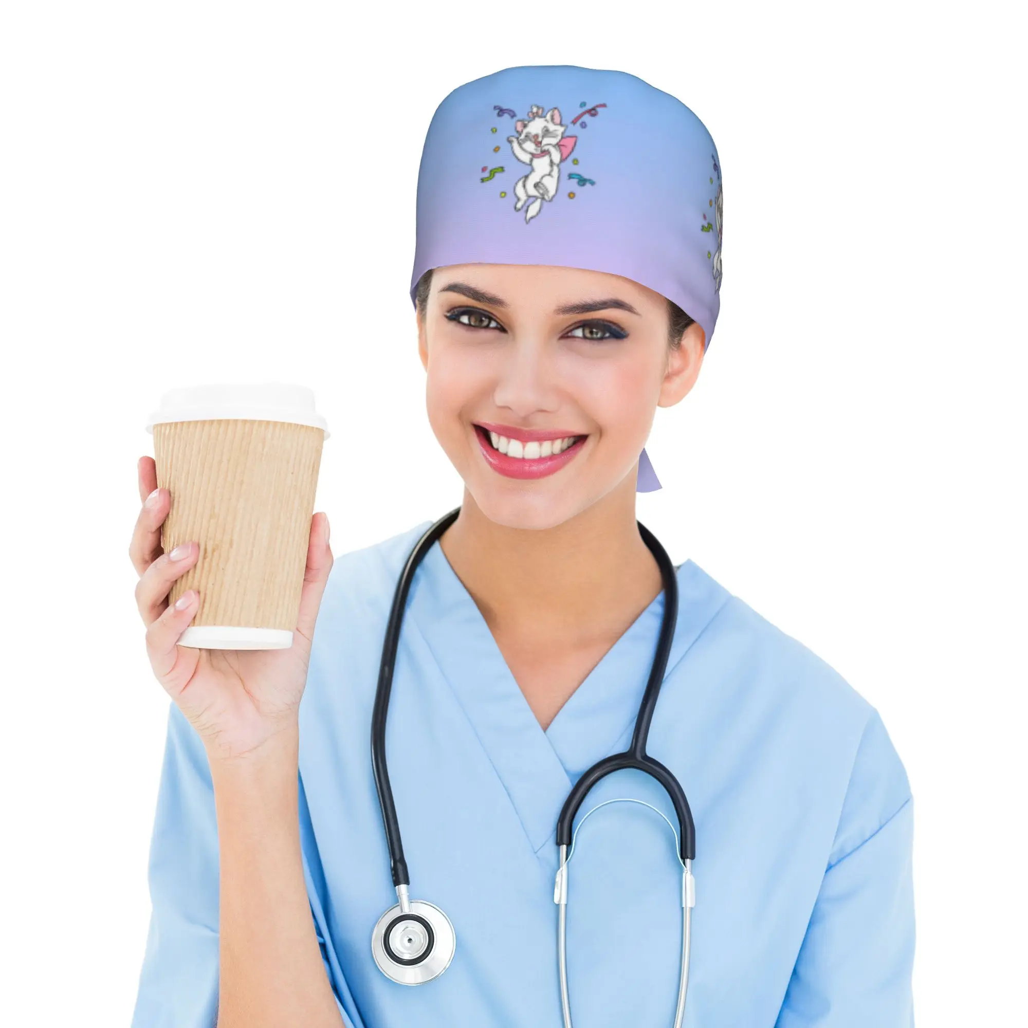 Custom M-Marie Cat Cartoon Scrubs Cap Surgical Hats Men Women Cat Manga Operating Room Cap Nursing Cap Lab Works Hat