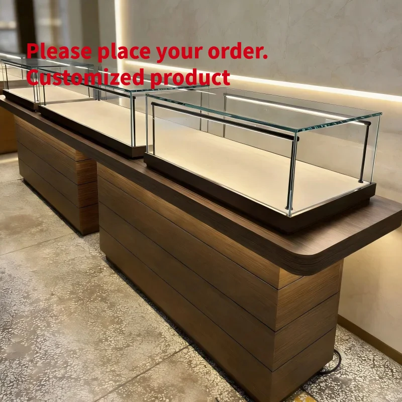 custom.Luxury Walnut Wood Grain Jewelry Display Showcase Minimalist Boutique Shopfitting Frameless Glass Counter with LED Light