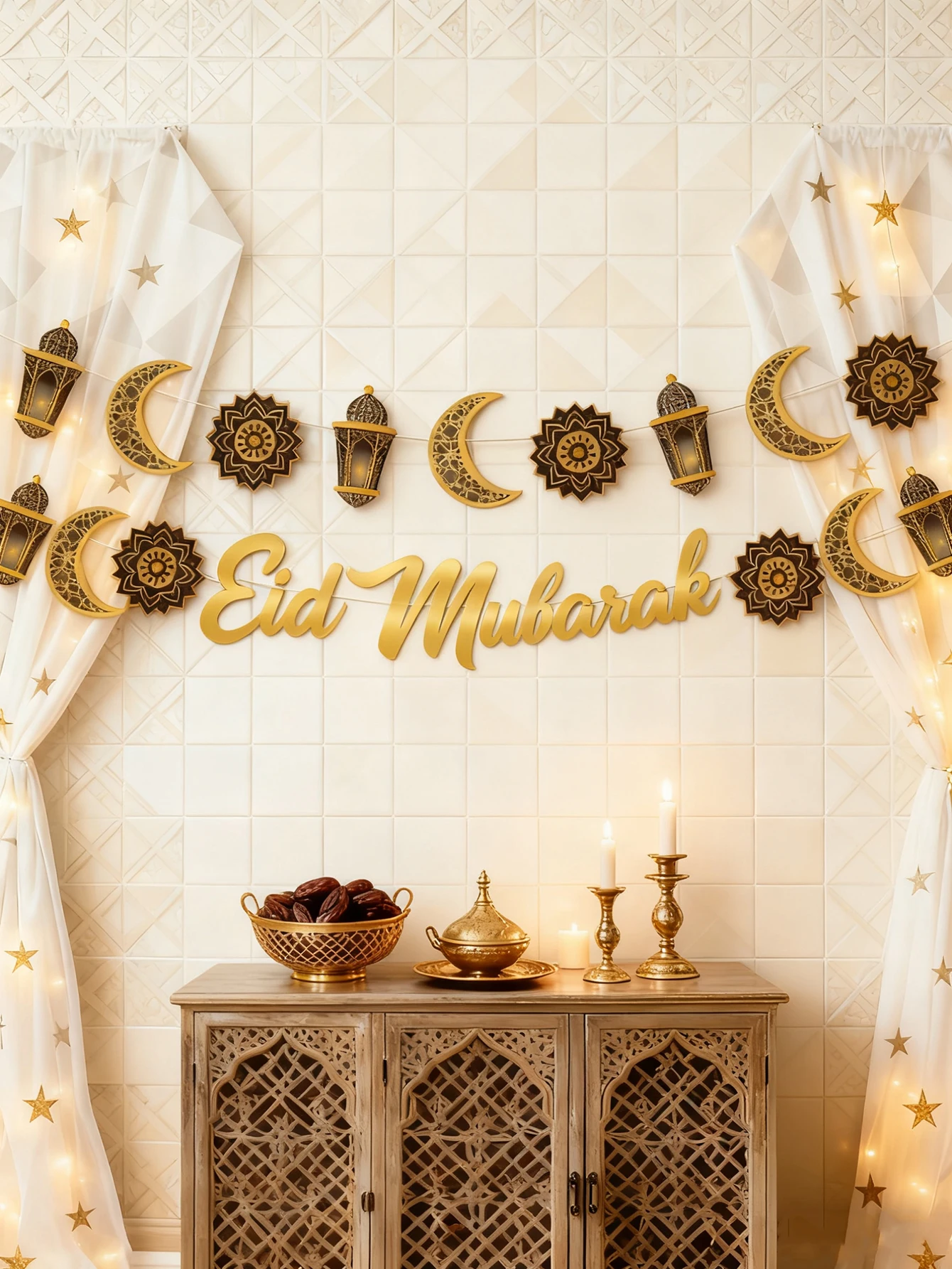 1 Stück Eid Mubarak Wandbehang Goldene Mondlaterne Blumenmuster Banner Festliche Heimdekoration für Ramadan & Eid Party Dekoration Geschenk