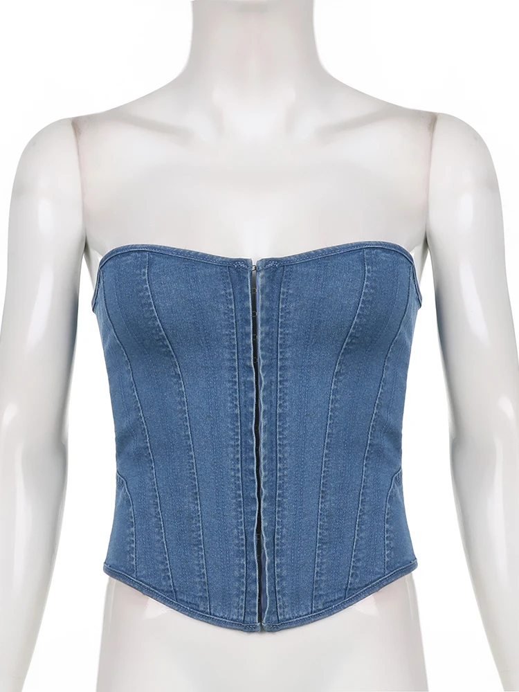 Strapless Denim Corset Women Backless Lace-up Sexy Bustier Night Clubwear Elegant Basic Tube Top Y2K Jean Cami Ladies