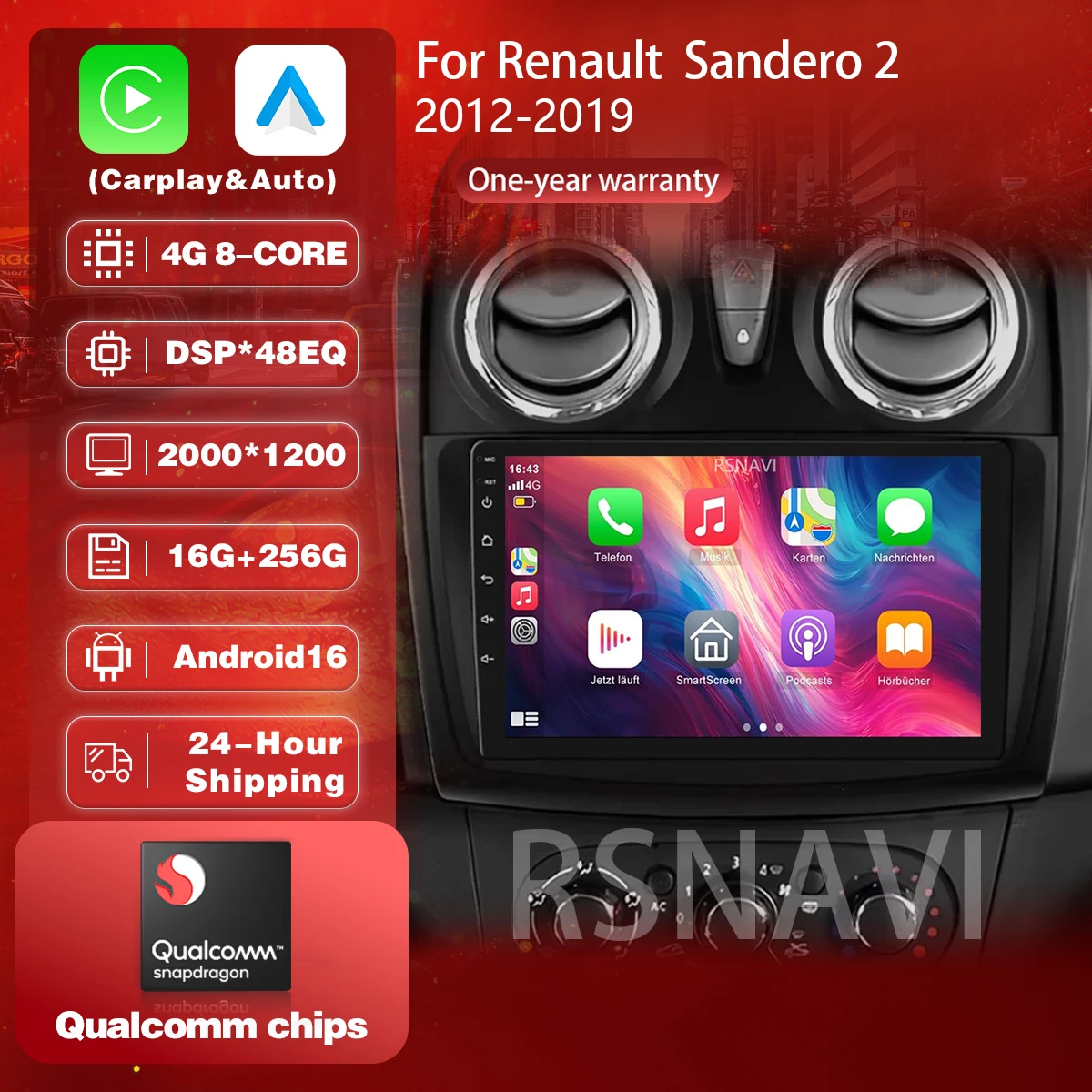 Android 16 Car Radio For Renault Logan 2 Sandero 2 2012 - 2019 Auto Multimedia Player Wireless Carplay Stereo DVD DSP 48EQ