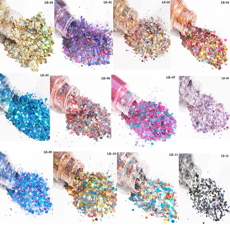 50 g/saco holográfica arte do prego glitter misturado hexágono lantejoulas decorações flocos colorido chunky sinfonia cor laser lantejoulas