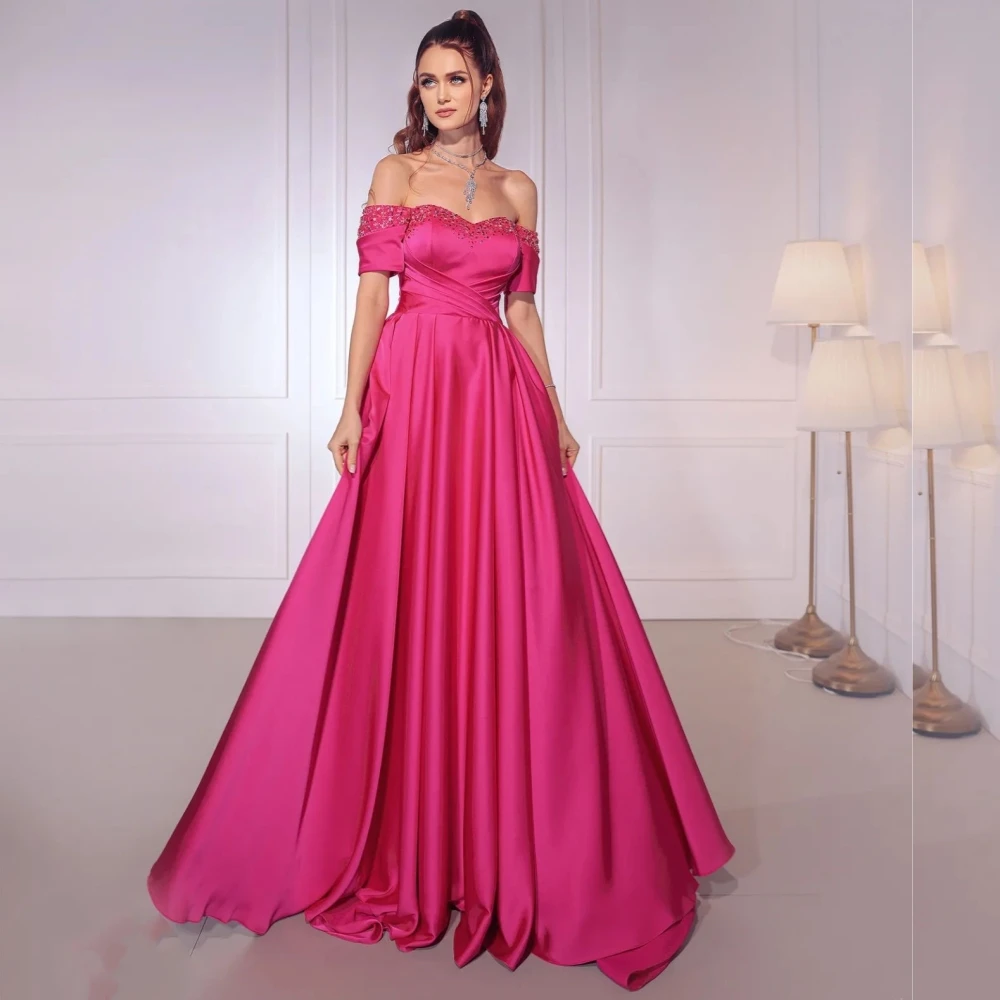 

Fashion Satin Sequined Pleat A-line Off-the-shoulder Long Dresses Evening Dresses Exquisite High Quality Sparkle Sizes Available