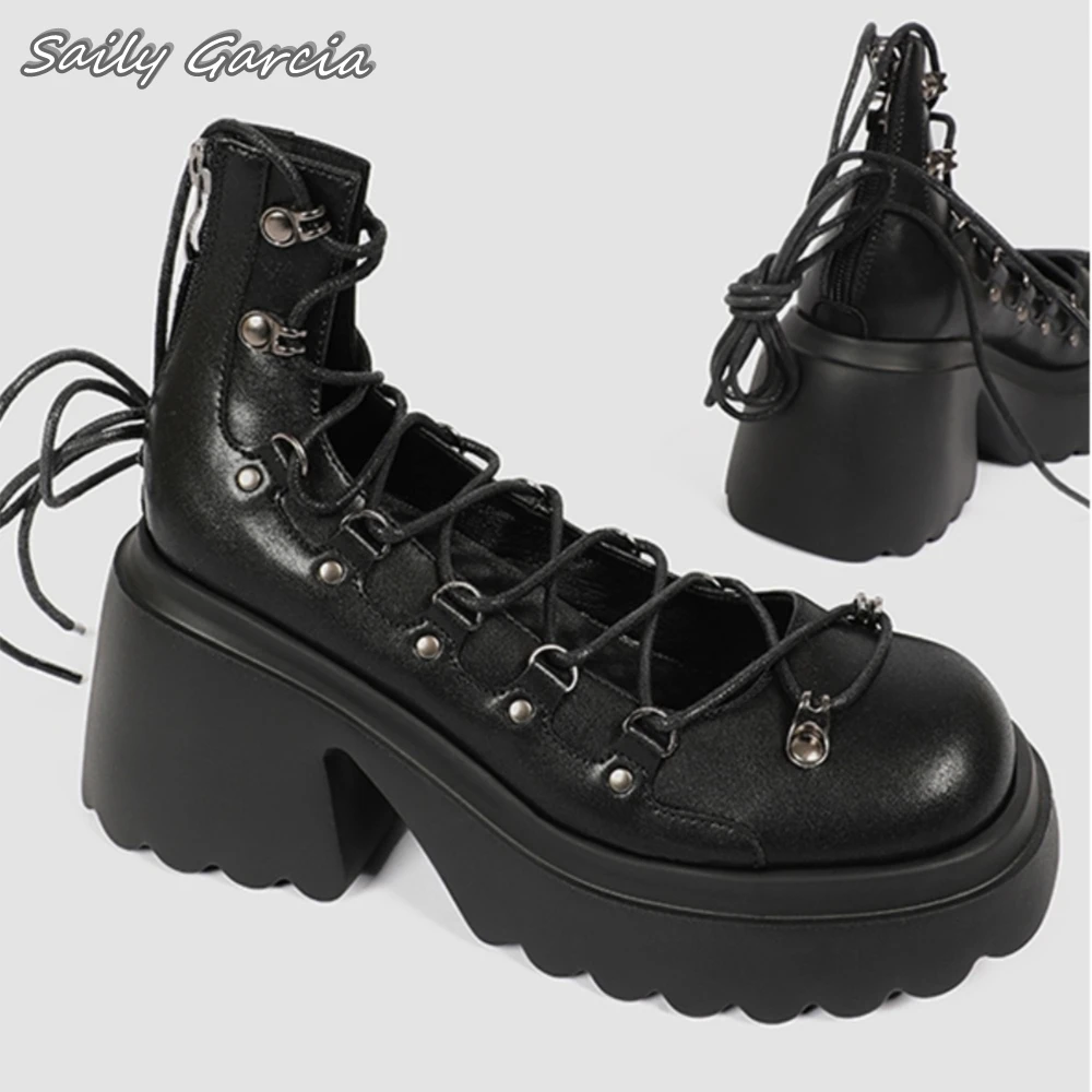 Mary Jane Tank Sole Lace Up Hollow Lolita Leather Boots Y2K Punk Style Hot Girl Casual Boots Round Toe Platform All-Match Pumps