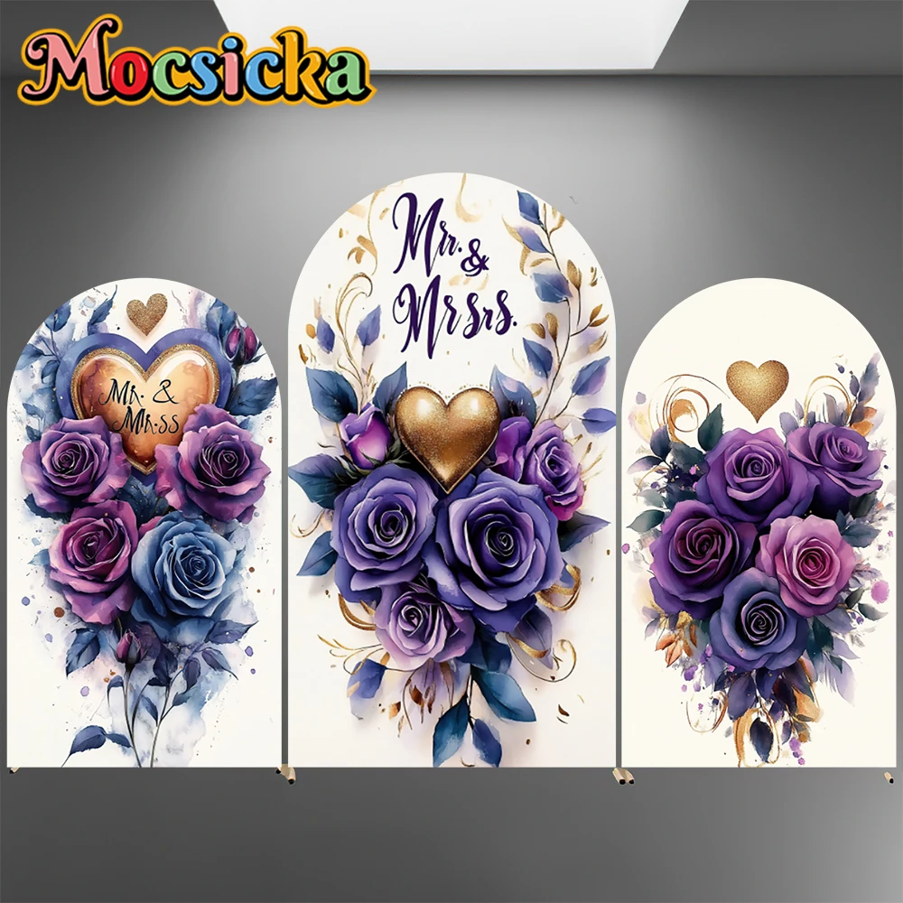 

Mocsicka Arch Backdrops Covers Double-Sided Mr&Mrs Love Golden Heart Party Arched Backgrounds Purple Flowers Decors Studio Props