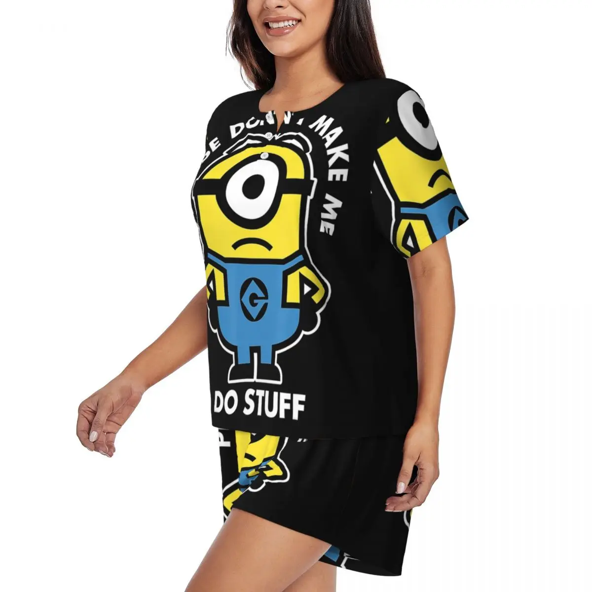 Custom Womens Cartoon Animation Minions Pajamas Set Printed Short Sleeve Sleepwear Loungewear Pjs 2 Piece Sets