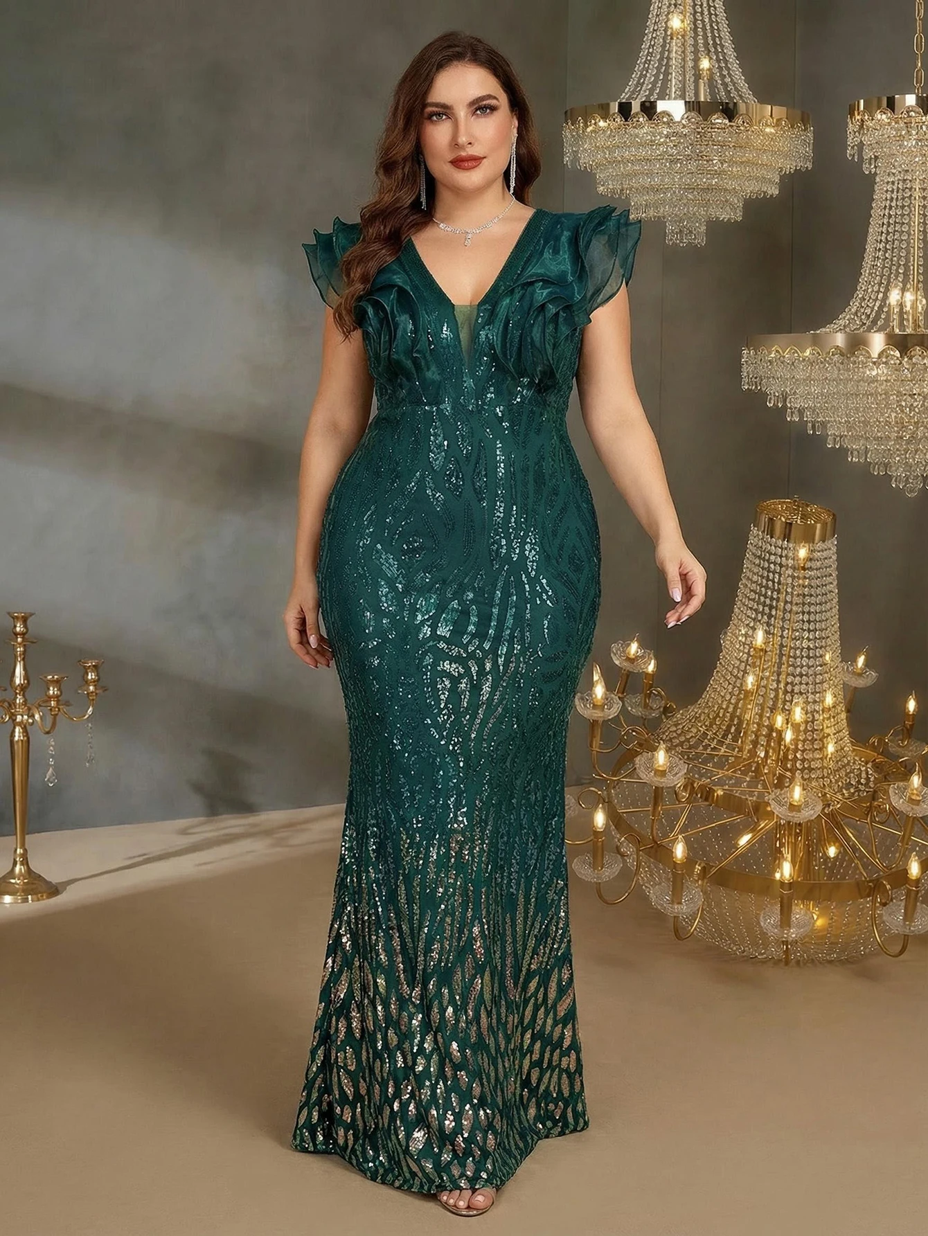 Plus Size Luxury Green V-Neck ruffle sleeve Sequins Evening Dresses Women Elegant V-back Wedding Party Prom Cocktail Gowns