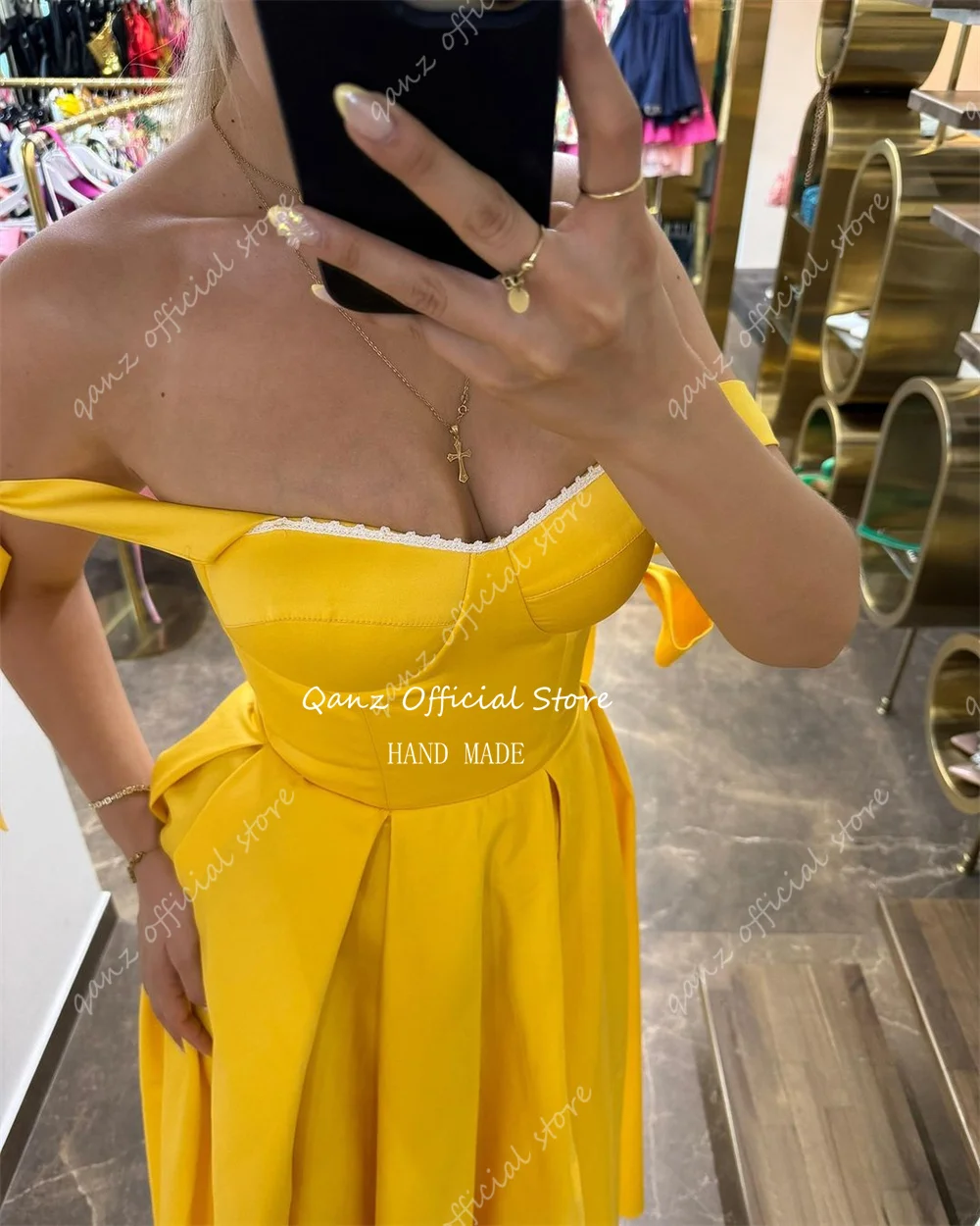 Qanz Yellow Satin Prom Dresses Elegant Evening Party Spaghetti Straps Tea Length Lace Up Back A Line Simple Dresses Customized