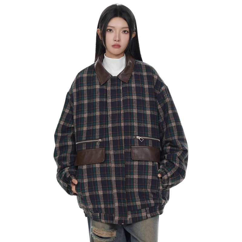 Winter Woolen Plaid Cotton-padded Coat Men Women Streetwear Fashion Loose Casual Parkas Thicken Bomber Jacket Unisex Coats