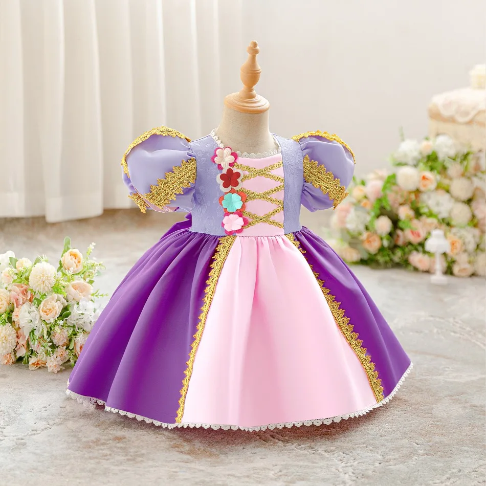 Toddler Hair Princess Rapunzel Party Baby Girl Dresses Carnival Flower Kids 1st Birthday Dress for Girls Bow Wedding Gown ASQ03