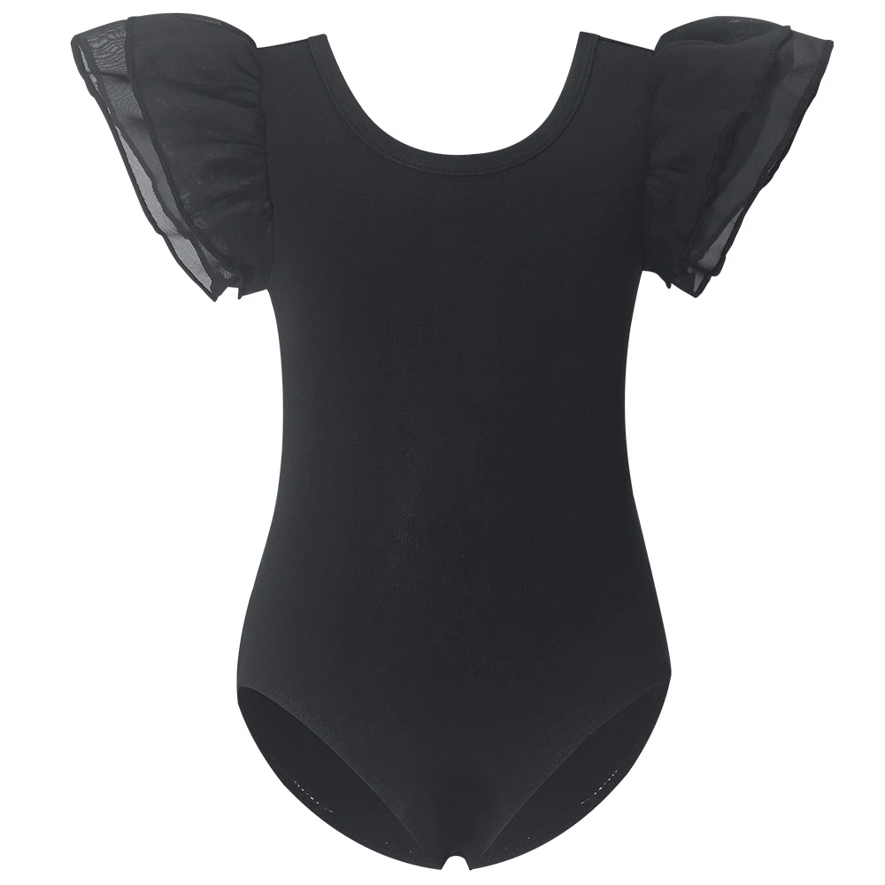 Dziewczęce czarne trykoty baletowe z falbankami, krótkie rękawy, stroje gimnastyczne, odkryte plecy, body do ćwiczeń gimnastycznych, kostium do treningu.