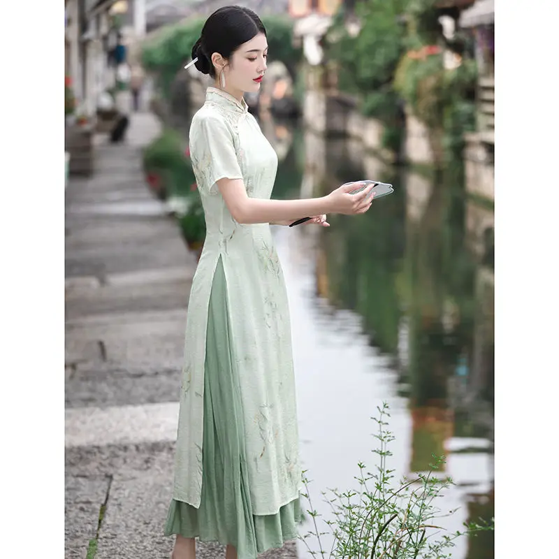 Retro Chinese Style Short Sleeve Qipao Two-piece Set Women New Chinese Style Green Improved Cheongsam Summer Long Dresses