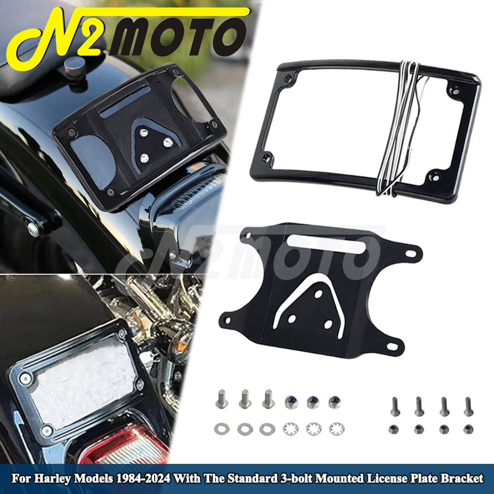 License Plate Holder 3-bolt Mount Curved Laydown Licence Bracket W/ LED Lamp Plate Frame For Harley XL1200 C/L/R FXRST FXD 1984+