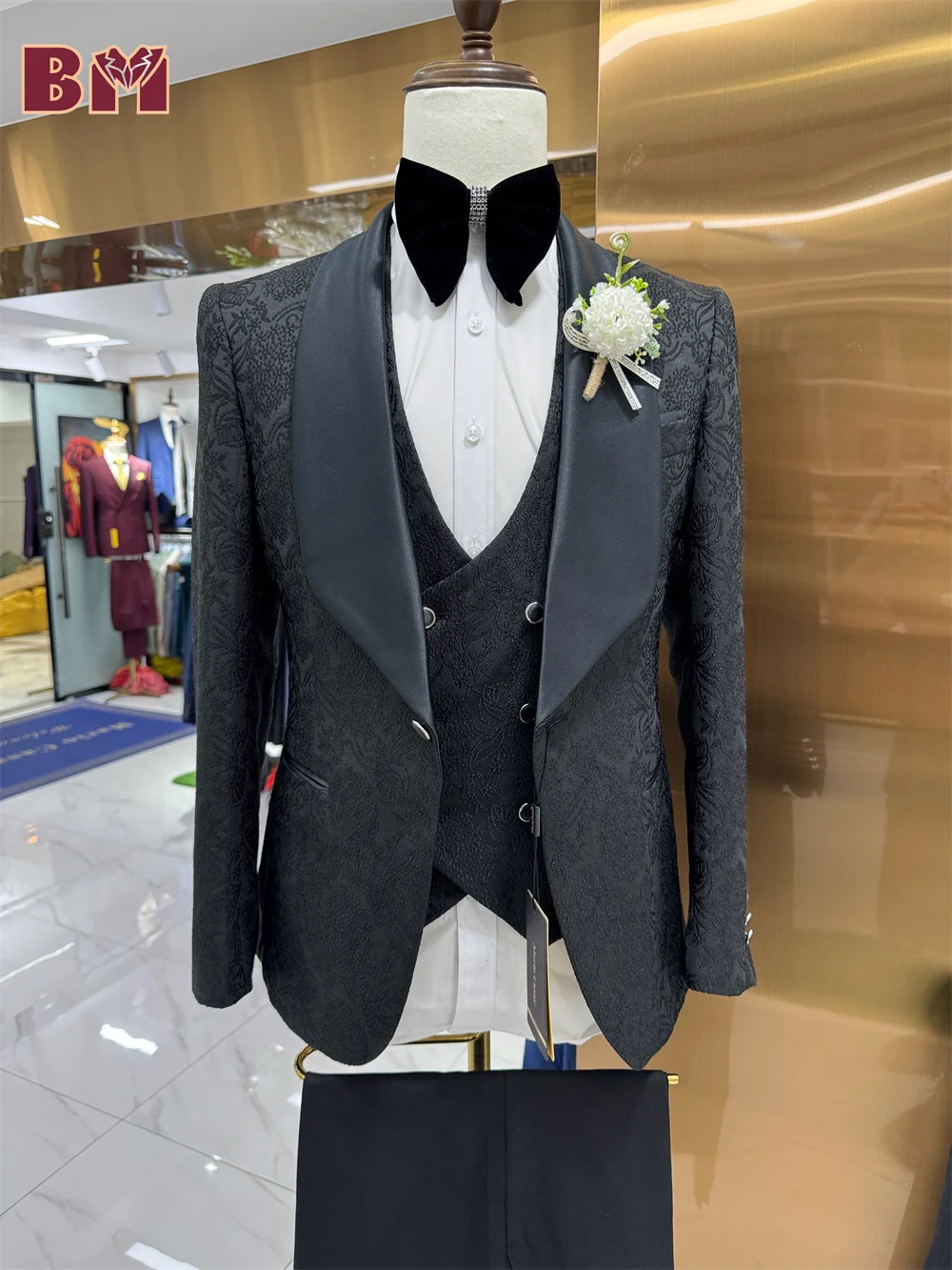 

Hot Sale Black Jacquard Men Suit Set For Wedding Checked Single Breasted Office Suit Professional Jacquard Men Blazers Pant Slim