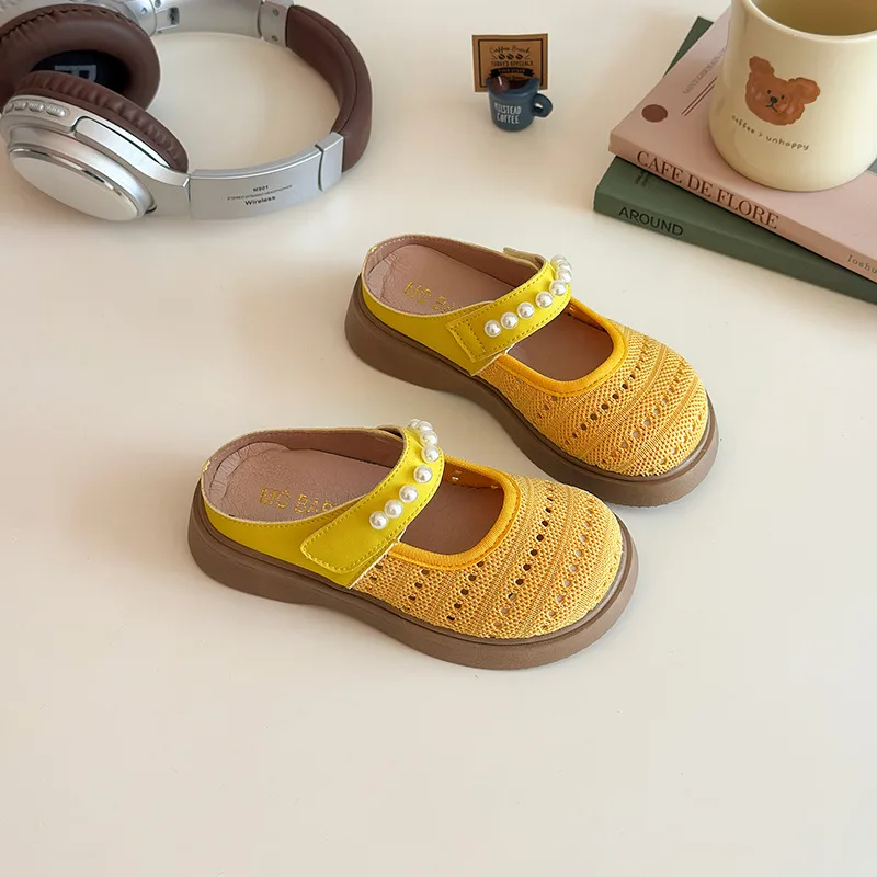 Girls Cover Toes Sandals Knit Hollow Out Kids Flat Shoes Child Slip on Slippers 2026 Children Barefoot Pearl Shoe for 26-35