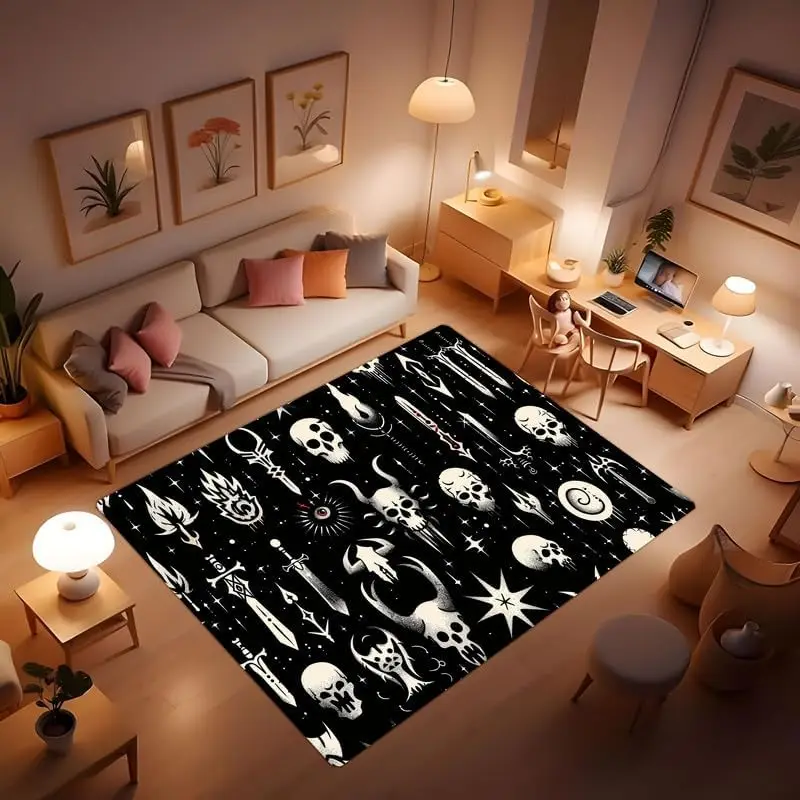 

Mysterious Skull Rug Retro Halloween Black Gothic Retro Abstract Skull Carpet Living Room Bedroom Area Rug Soft Comfort Floor