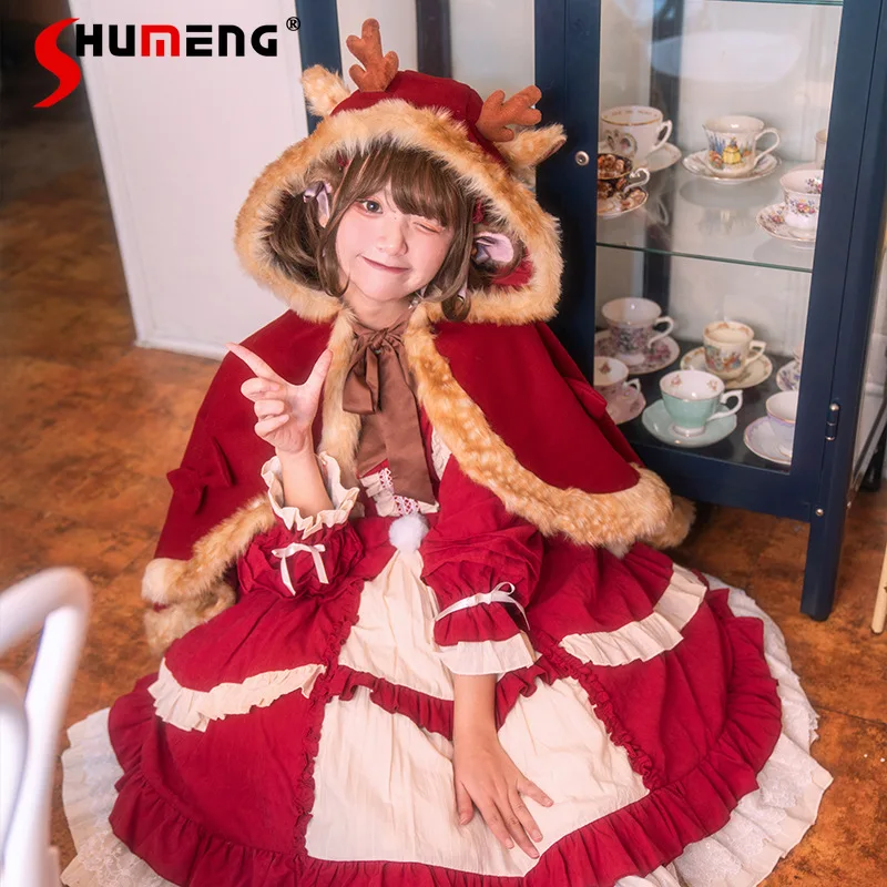 

Christmas Original Girls Sweet Kawaii Lolita Plush Hooded Cloak Women Autumn and Winter Warm Thickened Red Ponchos Jacket New