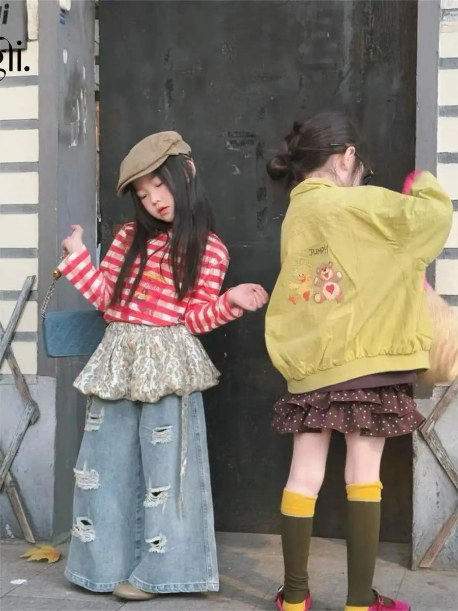 

Fashionable Stripe T-Shirt And Hole Denim Jeans Set for Girls Spring Autumn 2026 New Arrival Breathable Long Sleeve Two Piece...