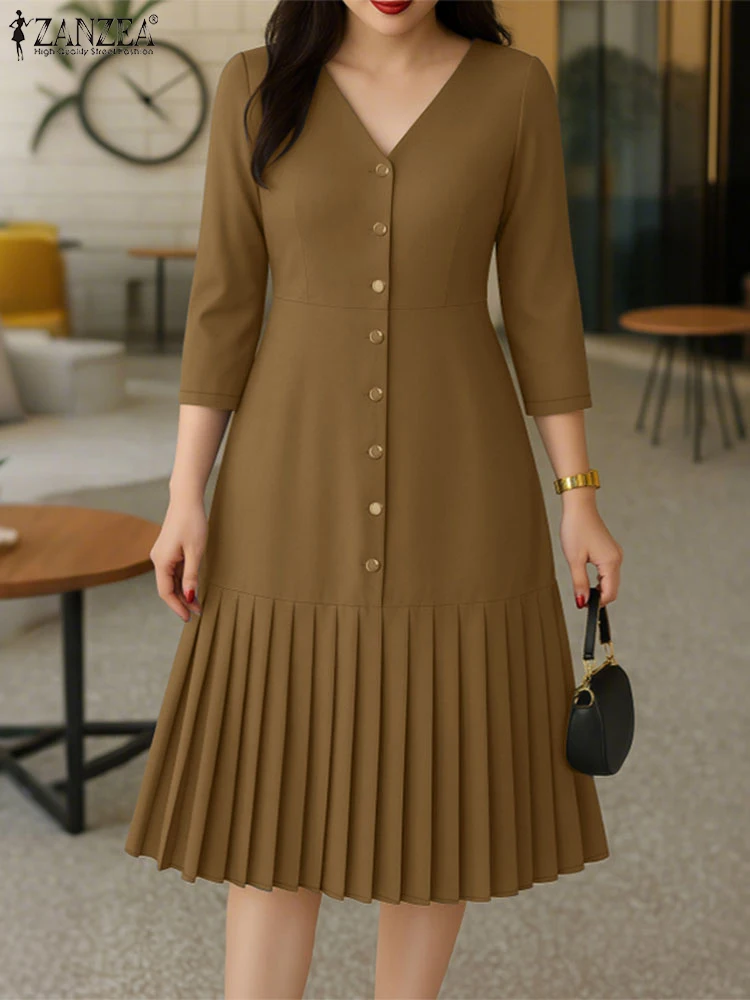 

ZANZEA Elegant Women's Pleated Midi Dress Casual V-Neck 3/4 Sleeve Button Up A-Line Dresses Office Commuting Wear Woman Clothing