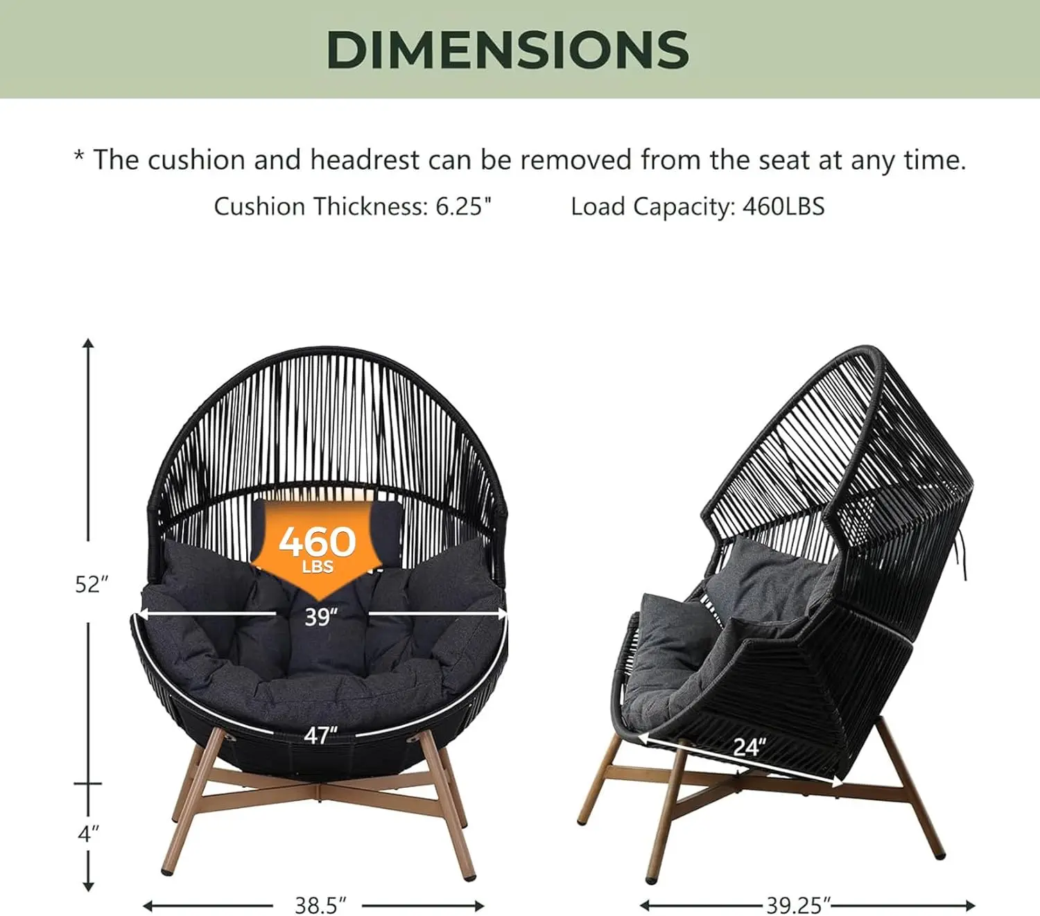 Outdoor Wicker Egg Chair Patio Lounge Chair with Olefin Thick Cushion Cocoon Chairs for Outdoor, Living Room, Balcony, Porch,