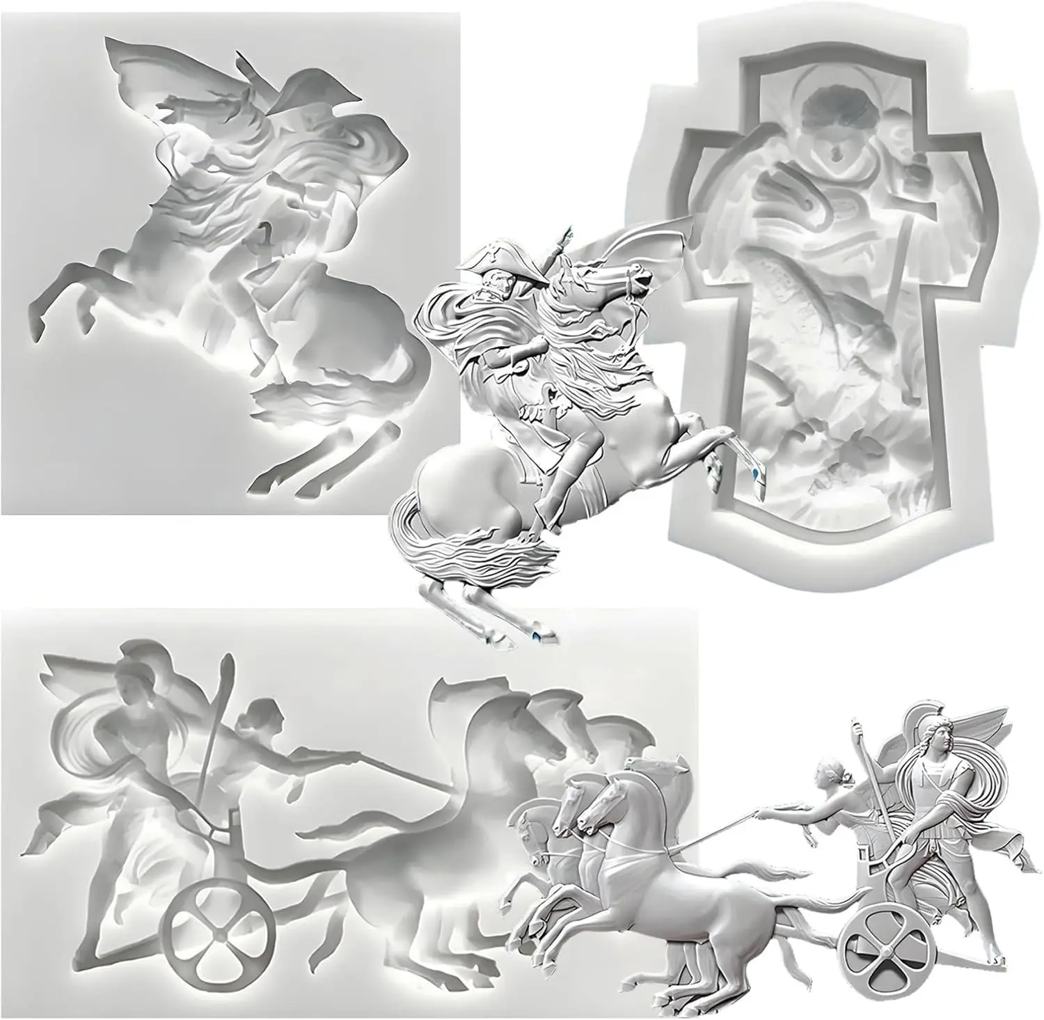 Classical Greek Chariot and Cross Silicone Molds, 3-Piece Set Ancient Warrior Decorative Relief Design for Chocolate Clay Resin