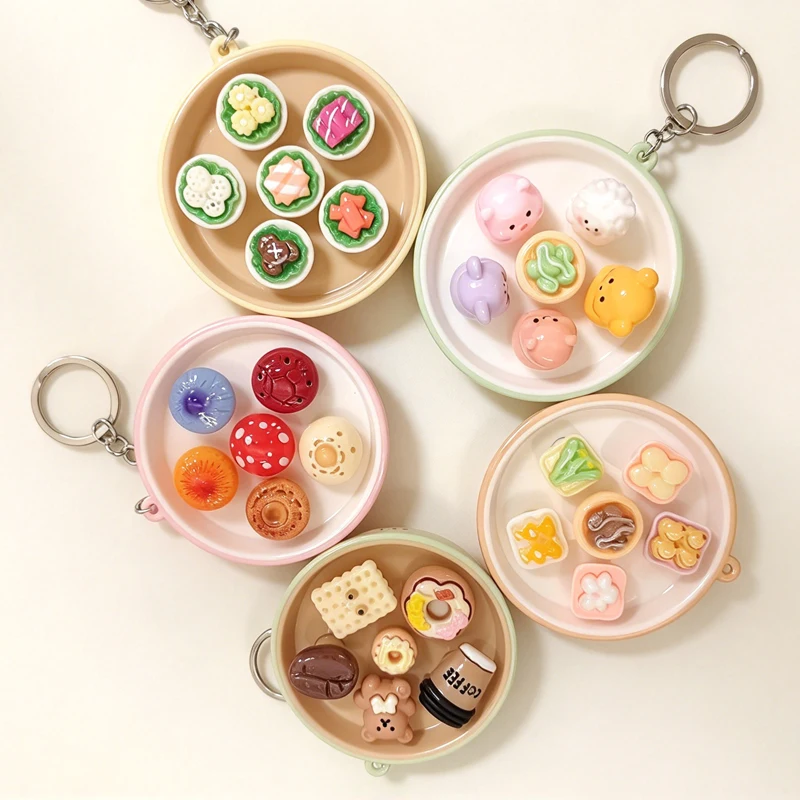 Creative Mini Bowl Keychain Stress Relief Toy Fruit & Pastry Food Play Key Ring  Bag Pendant Novelty Backpack Decor Fun Gift