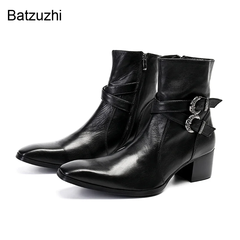 

Batzuzhi Men Boots Rock Western Cowboy Pointed Metal Tip Black Leather Short Boots Men Punk Motorcycle/Knight Boots for Men!