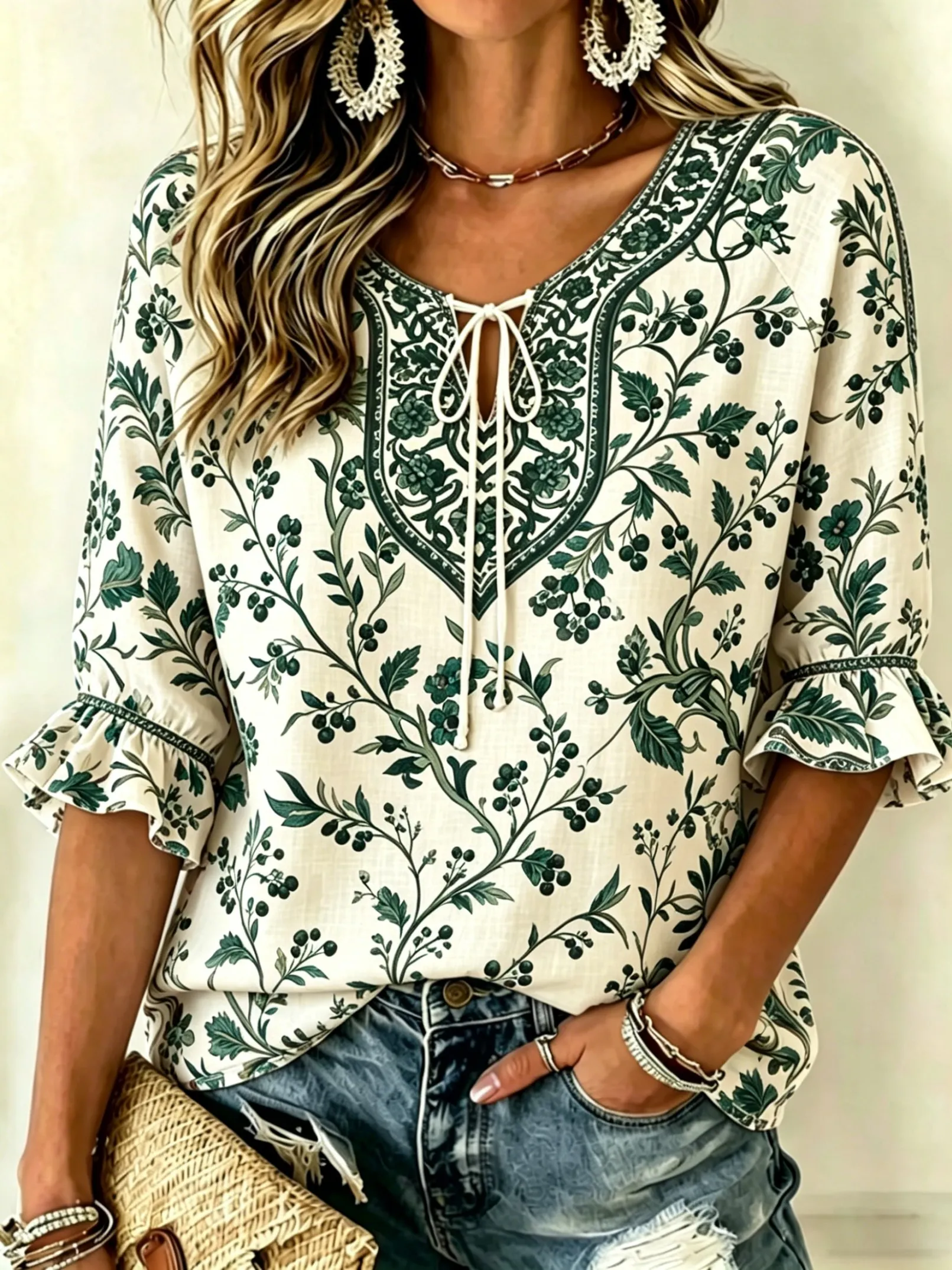 

Women's Spring Summer Casual Blouse, Cream & Green Botanical Print Tops for Daily Street Holiday Dating & Leisure Outfit