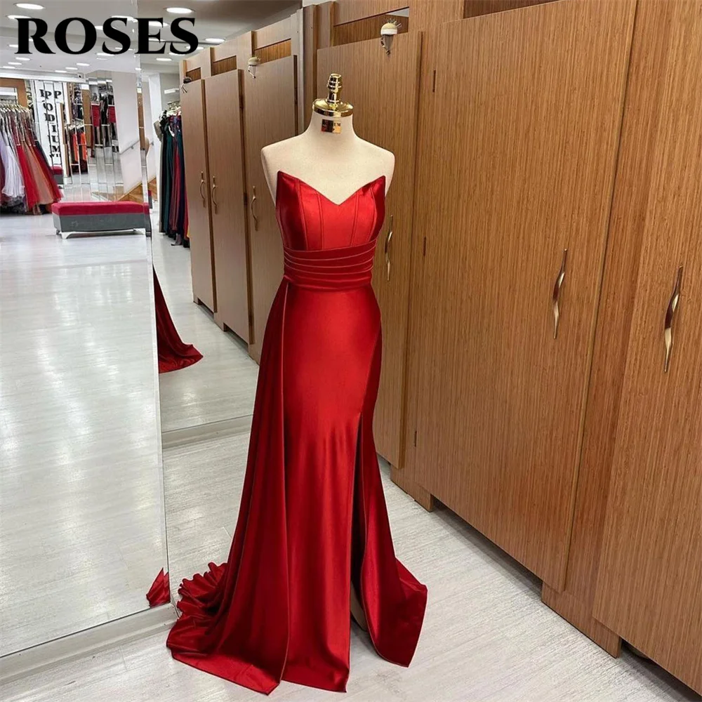 ROSES Red V Neck Long Party Dresses Stain Mermaid Vintage Night Dresses Sleeveless Split Celebrity Dresses vestidos de fiesta