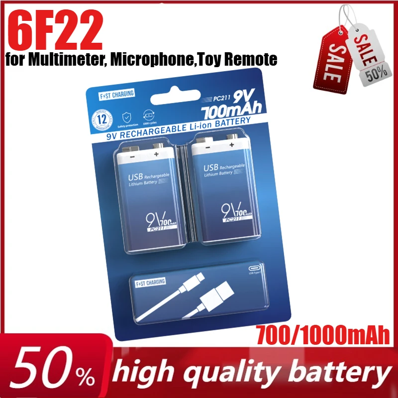 

9V 700mAh 1000mAh 6F22 Rechargeable Lithium Battery for Multimeter, Microphone,Toy Remote, Control Electric Guitar Battery