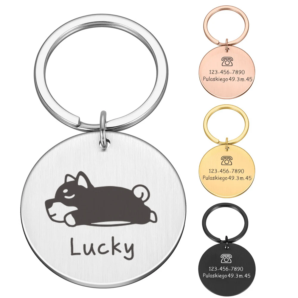 

Stainless Steel Personalized Cat Dog Photo Keychain Round Plate Anti-lost Custom Picture Phone Number Animal Pets Keyring Gift