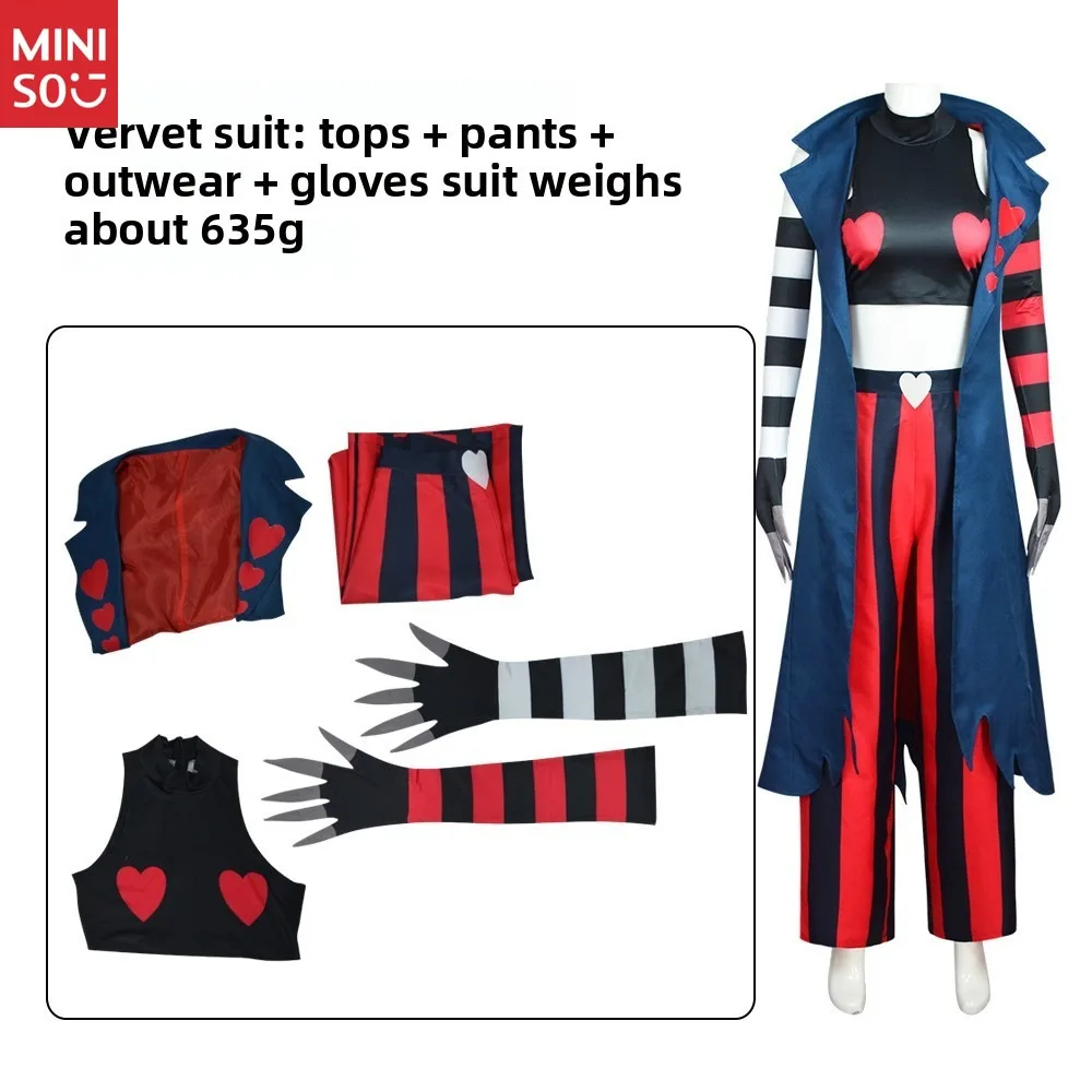 Set di costumi cosplay personaggio dei cartoni animati - Cappotto lungo alla moda con maniche a righe Hazbin Hotel Hell Inn Cos Costume cosplay in velluto