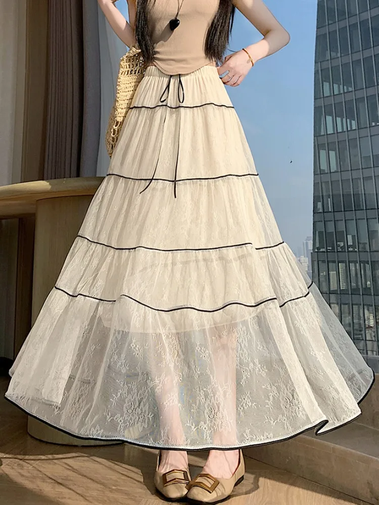 

Кружевная юбка А-силуэта женская летняя в корейском стиле, повседневная, элегантная, с завышенной талией, мягкая, удобная, на шелковой подкладке, Принц...