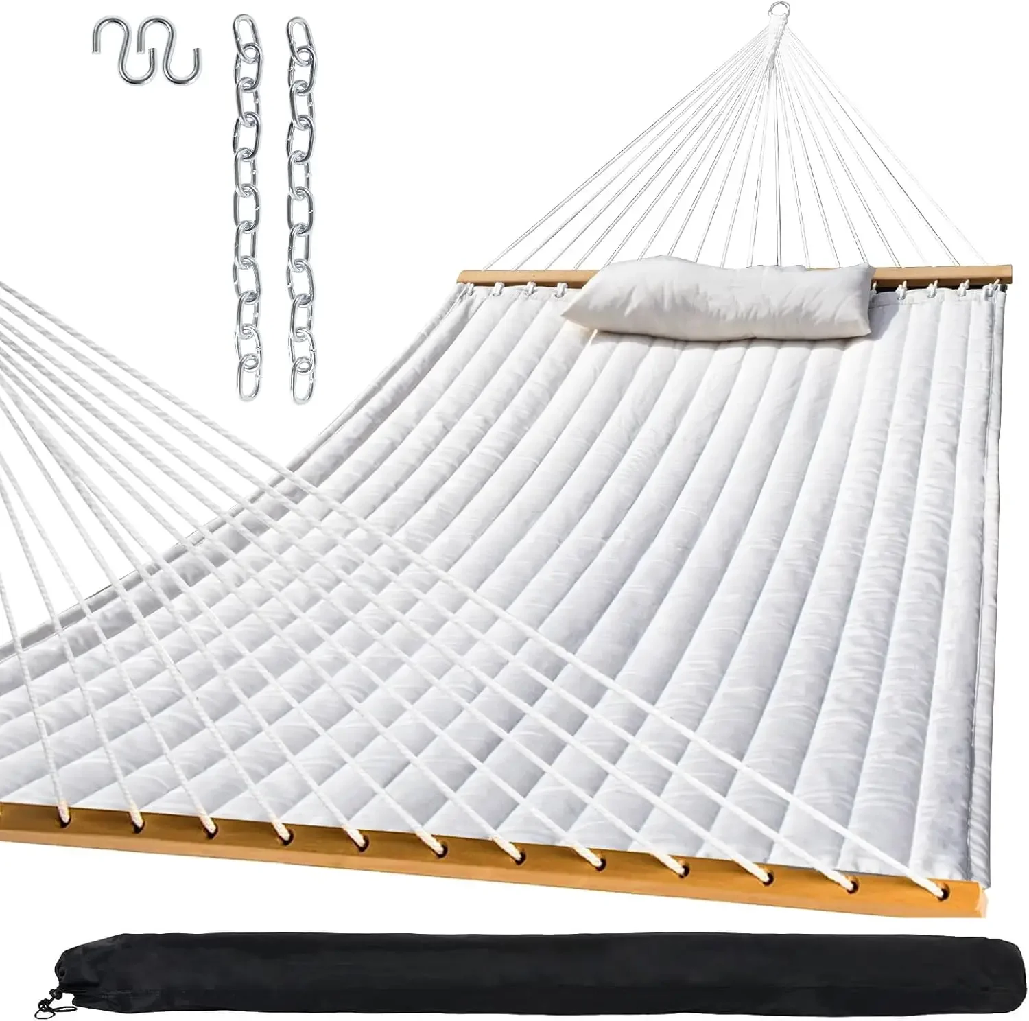 Outdoor Quilted Fabric Hammock with Spreader Bars and Detachable Pillow and Chains,Outdoor Patio Backyard Poolside