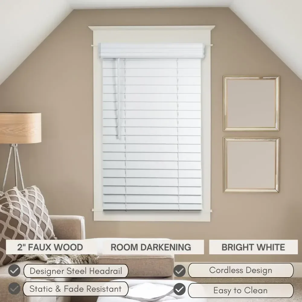 ستائر خشبية صناعية لاسلكية مقاس 2 بوصة، بعرض 35 بوصة × 60 بوصة، ستائر نافذة، ستائر وظلال، ستائر للنافذة الداخلية