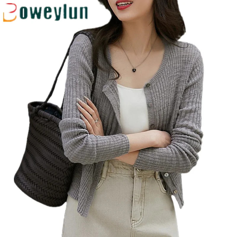 

Boweylun Autumn New Vertical Stripes Textured Casual Round Neck Long Sleeve Knitted Cardigan Women Woolen Sweater Jacket