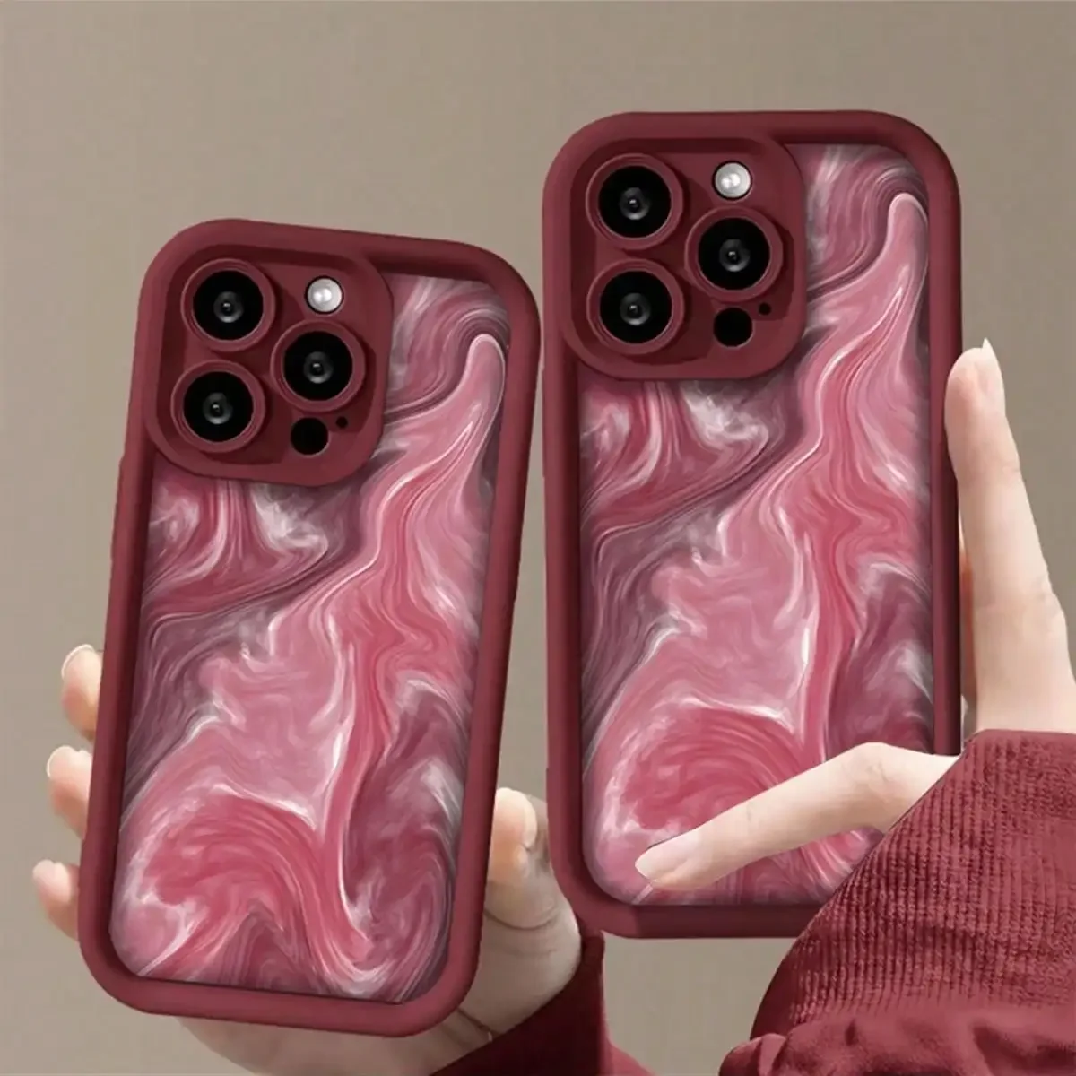 Burgundy Aesthetic Marble Pattern Embossed TPU Phone Case, Soft Anti-Drop Waterproof Protective Cover Compatible With iPhone