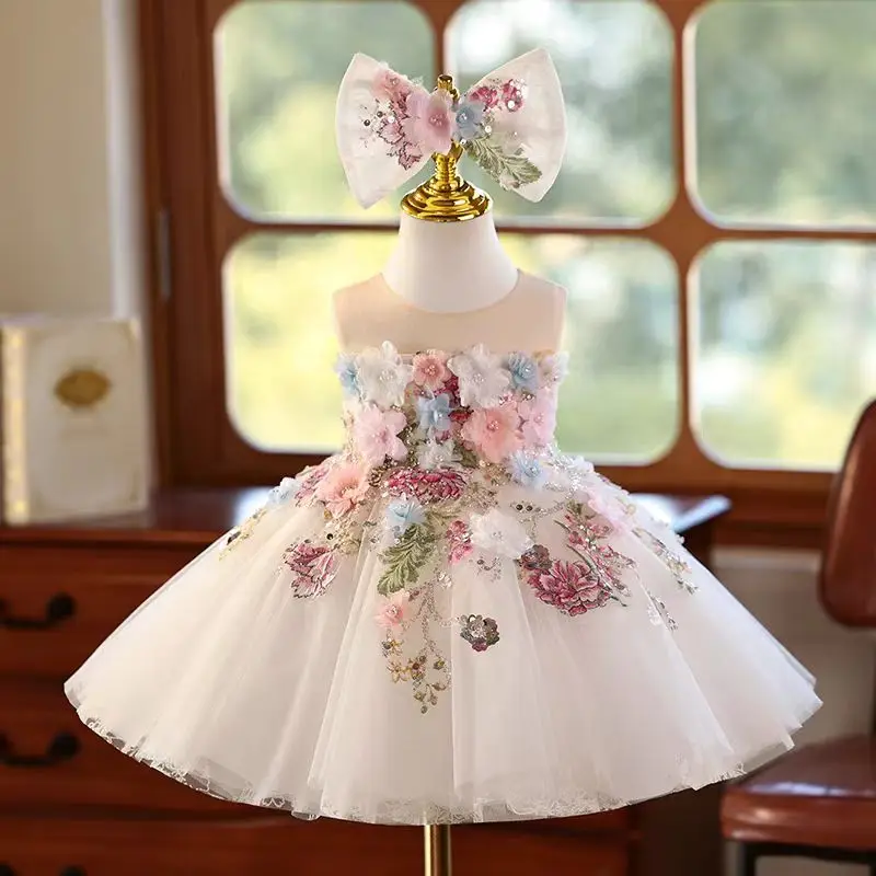 Dreamy Vow Charming White Baby Girl Dress Floral Embroidered Tulle Bow for Kids Holiday 1st Birthday Party Short Ball Gown J404