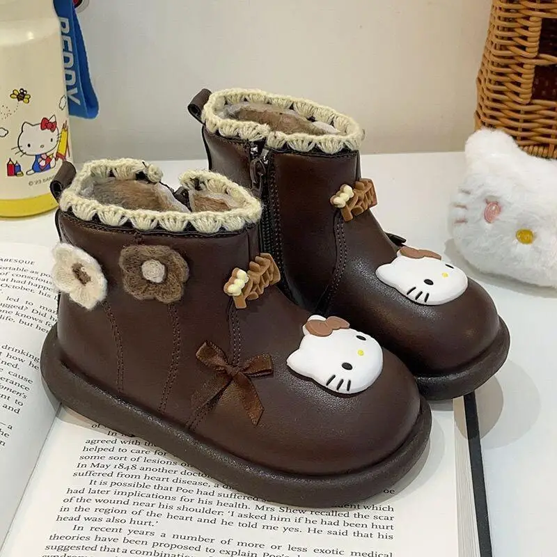 سانريو مرحبا كيتي الفتيات أحذية قصيرة أحذية الأميرة البيج القوس اللؤلؤ القطن أحذية الخريف الشتاء الأحذية الجلدية الناعمة للأطفال