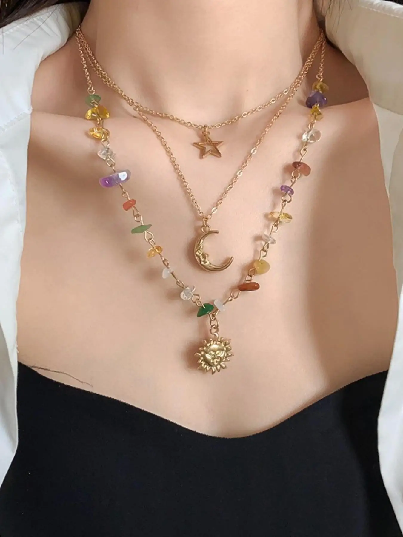 3피스 썬 문 지르콘 레이어드 목걸이 세트 파티, 데이트, 데일리 의류장식, 트렌디한 올매치 & 절묘한 주얼리 선물용