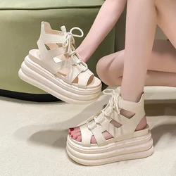 8.5CM Thick Bottom Gladiator Shoes Woman New Summer Chunky Sneakers High Platform Sandals Hollow Out Wedge Heels Beach Sandalias