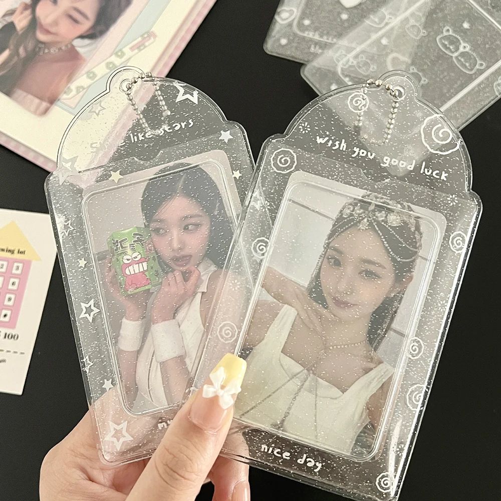 Glittery 3 inch Photocard Holder Transparent Korea Idol Photo Card Holder Cute Heart Star Pattern Clear Card Display Bag Pendant