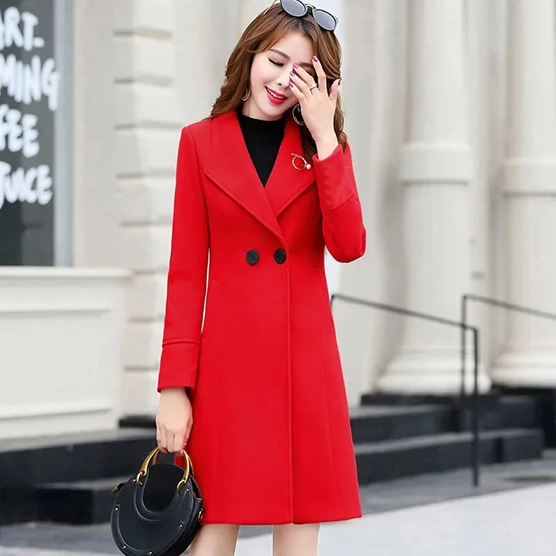 

Korean Slim Female Woolen Jacket Mid-Long Jacket 2025 Fashion Winter Jacket Women's Double Breasted Wool Coat Solid Color