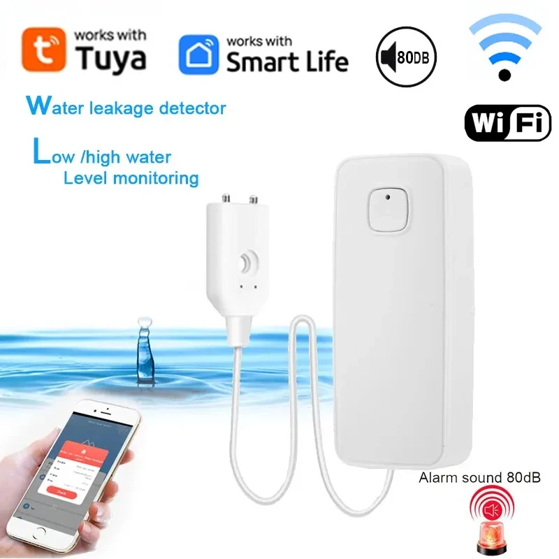 tuya smart water leakage detector monitor remoto wi fi water overflow nivel sensor flood sensor 80db sound alarm security system 01