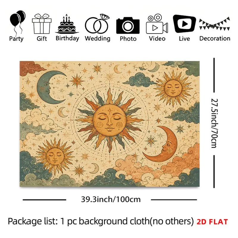 Vintage Sun Moon Star Tapestry, Celestial Cloud Face Pattern, Mystic Astrology Wall Hanging for Bedroom Dorm Home Decorations