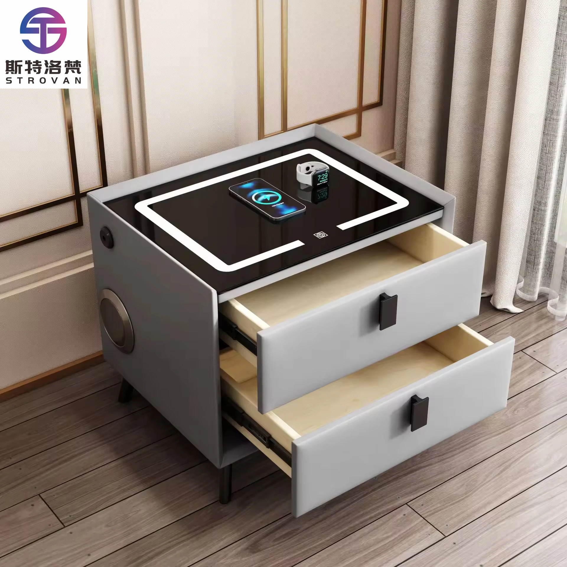 Smart Bedside Table Luxury Leather Two-pump Wireless Charging Fingerprint Lock Wooden Small Bedrooms Ordinary Minimalist Modern