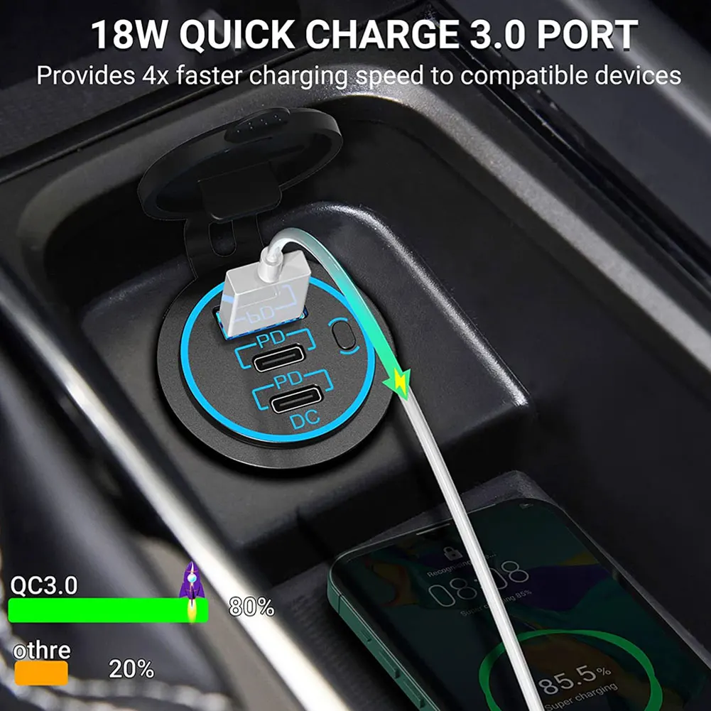 78W Car Charger Socket 12V/24V Multiple USB Outlet Dual PD USB C & QC3.0 Ports with Power Switch Fast Charging Car Adapter