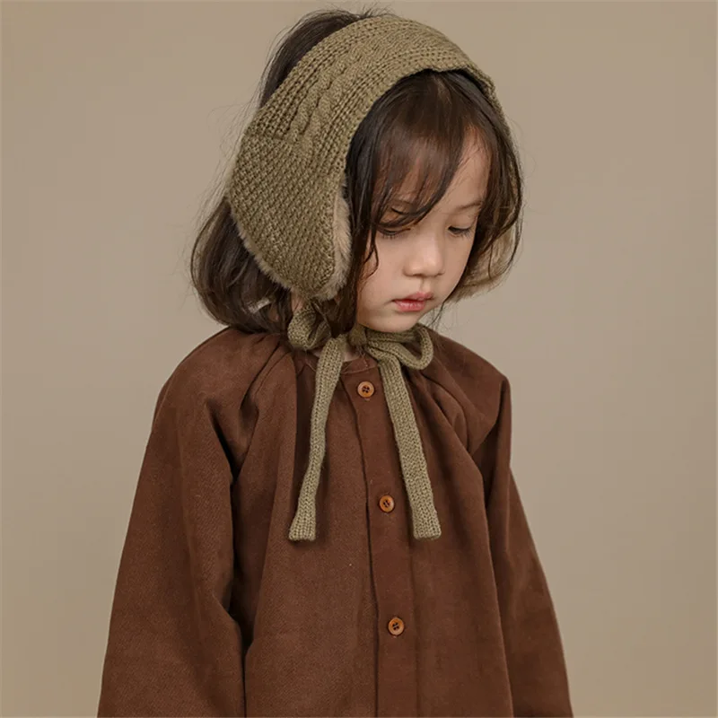 Thicken Children Earmuffs Japanese Style Handmade Knitted Warm Boys Girls Strappy Solid Color Cute Autumn Winter Accessories New