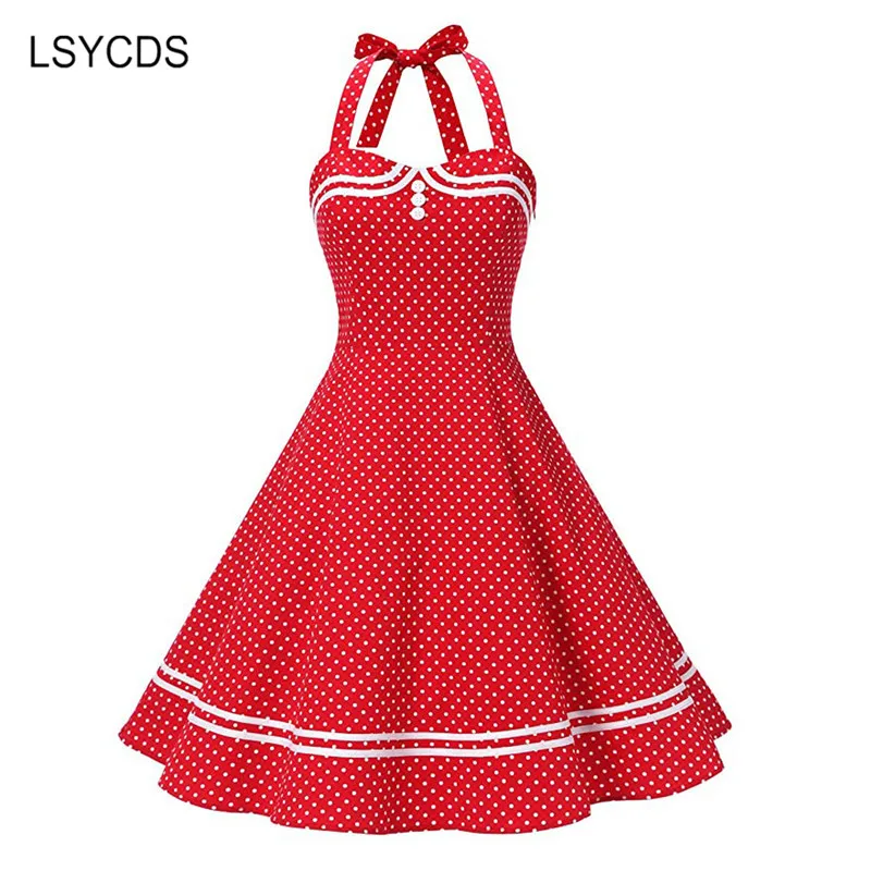 Lsycds bolinhas vestidos vintage para mulher 50s 60s halter pescoço sem mangas vestido mulher midi vestidos a linha vestido de verão novo